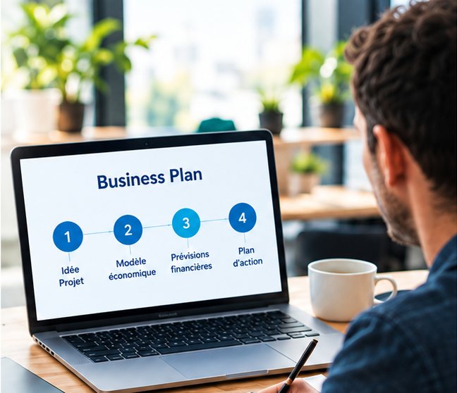 Un dirigeant construit son business plan sur un ordinateur portable, carnet de notes ouvert à côté.
